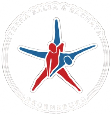 Terra Salsa Bachata Regensburg – stilisiertes Tanzpaar in akrobatischer Pose in Rot und Blau